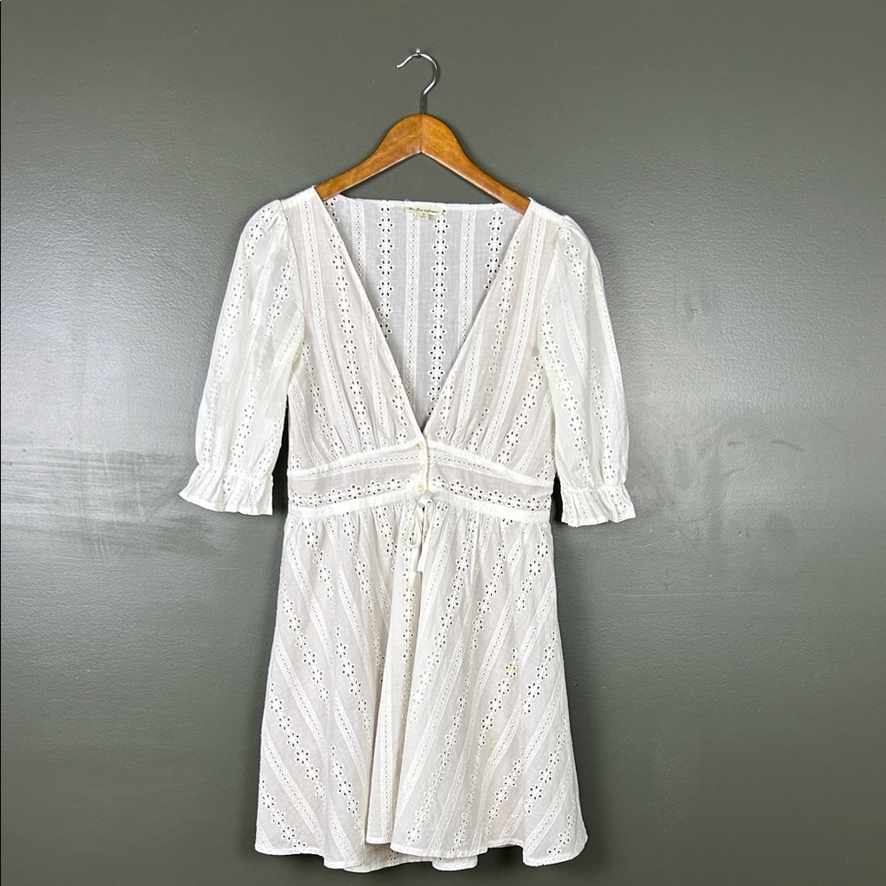 For Love & Lemons White Eyelet Tie-Waist Mini Dress